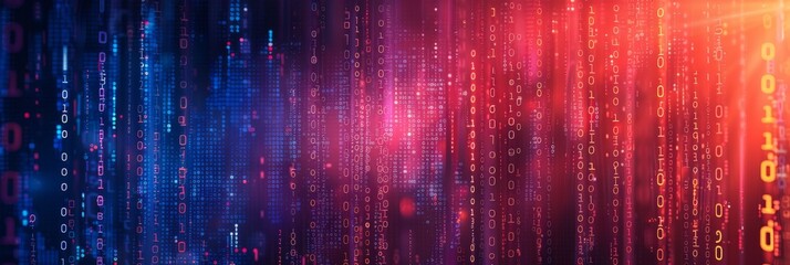 a digital matrix with streaming lights and binary codes portrays data flow and technology advancemen