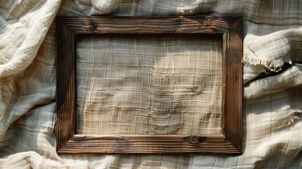 Canvas Print - Wooden frame on linen cloth top view natural texture background