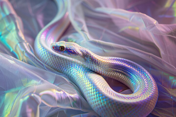 Close-up photo of a crawling white snake with iridescent neon skin laying on white iridescent fabric, animal of the year