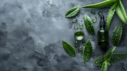 Canvas Print - Organic cosmetics serum and aloe vera leaves on gray background Top view with copy space