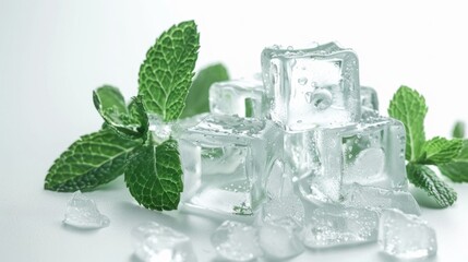 Canvas Print - Fresh mint leaves floating on top of a pile of ice cubes, perfect for cooling drinks or adding flavor to cocktails