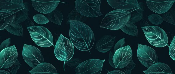 Wall Mural - Dark green background with a leaf pattern abstract leaves outlines on a dark emerald green colored background Generative AI