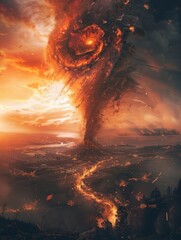 Wall Mural - Fiery tornado is blowing through city, with smoke and fire in background