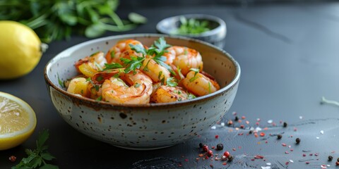 Wall Mural - Bowl of shrimp salad with lemon and herbs on a dark table. Healthy seafood dish. Banner with copy space