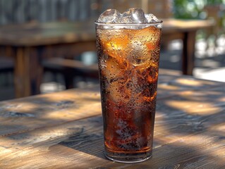 Sticker - Glass of soda is sitting on wooden table