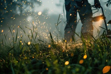 Canvas Print - Man is cutting grass with lawn mower