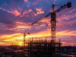 Wall Mural - Two cranes are silhouetted against beautiful sunset