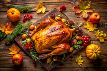 Poster - Golden roasted turkey on a rustic wooden table surrounded by autumnal garnishes, with ample copy space, perfect for seasonal advertisements and promotions.