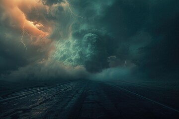 Wall Mural - stormy sky with lightning and dark road