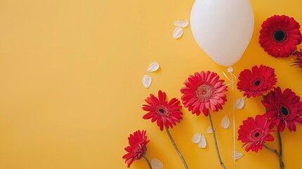 Wall Mural - Colorful composition featuring white balloon and red flowers on yellow backdrop with empty space