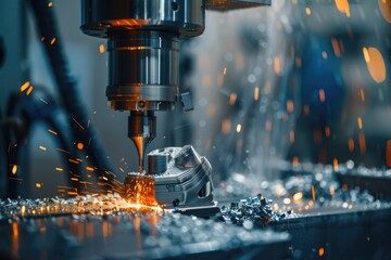 Canvas Print - Machine is cutting piece of metal, and sparks are flying