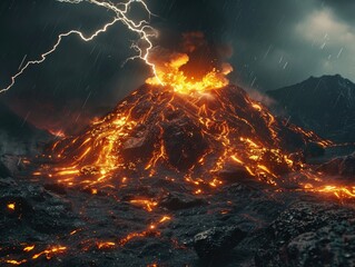 Canvas Print - Volcano with large fire and storm in background