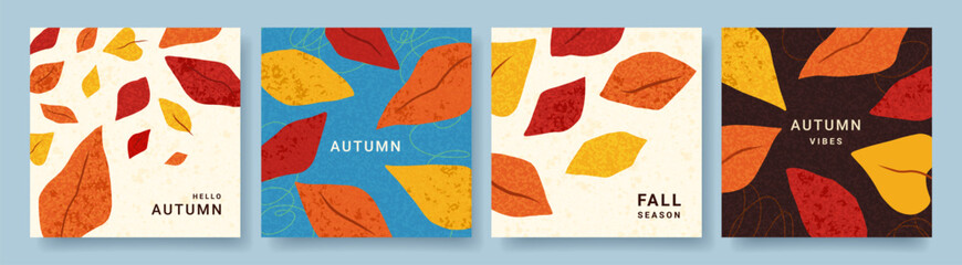 Wall Mural - Autumn trendy minimalist cards with bright abstract leaves. Fall background, cover, banner, poster, flyer. Creative design templates for ads, web, label, branding, social media.