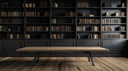 Wall Mural - A large library with a wooden table in the middle. The table is empty and surrounded by many bookshelves. The room has a cozy and inviting atmosphere, perfect for reading and studying