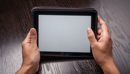 A person holding a blank screen tablet pc