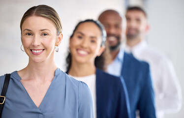 Canvas Print - Female leader, business people and company with portrait for management in corporate, smile in office for finance. Group, diversity and leadership for accounting staff in workplace with happiness