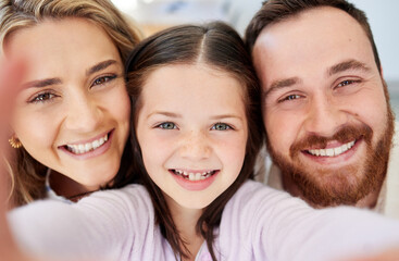 Wall Mural - Selfie, family and face of girl, home and profile picture of happy parents, smile and bonding. House, man and woman with memory of love with girl, joy and photography of kid with mom and dad