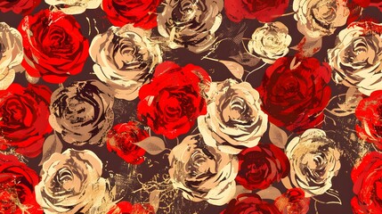 Sticker - Abstract Red And Gold Roses Pattern Design
