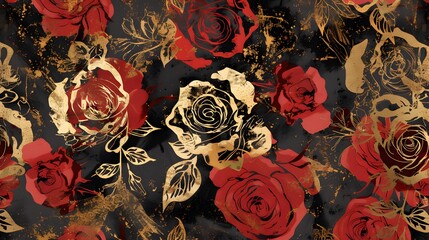 Sticker - Abstract Red And Gold Roses Pattern Design
