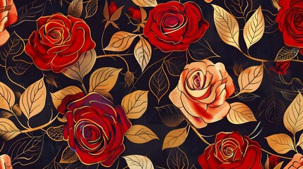 Sticker - Abstract Red And Gold Roses Pattern Design
