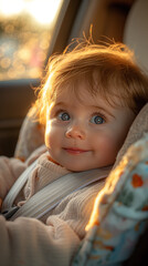 Canvas Print - A small young child in a car seat with a happy expression and beautiful sunshine.