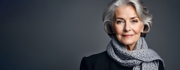 Wall Mural - An elegant senior woman with a scarf offers a warm smile, her gray hair flowing on gray background with copy space for text.