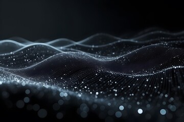 Wall Mural - Digital black particles waves and light abstract background with bokeh effect.