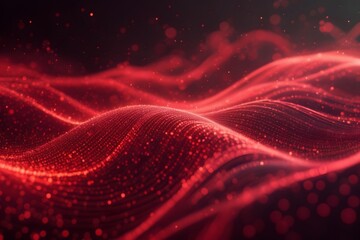 Wall Mural - Digital red particles waves and light abstract background with bokeh effect.