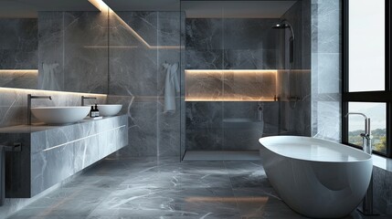 Wall Mural - A modern grey marble bathroom with soft ambient LED lighting, a floating double vanity with integrated handles, and a freestanding tub near a floor-to-ceiling window.