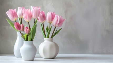 Poster - Tulips in pink white vases on a light gray background For woman s day and mother s day greeting card