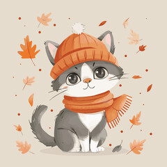 Wall Mural - Cute Cartoon Fall Cat with Autumn Leaves