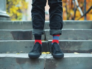 A person standing on a set of stairs with a neutral expression