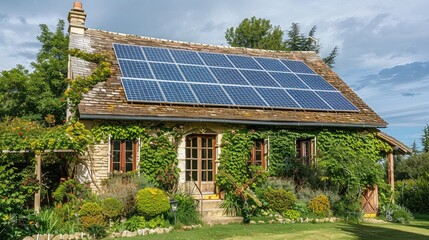 A rustic countryside cottage surrounded by greenery, its quaint charm enhanced by solar panels providing sustainable energy.