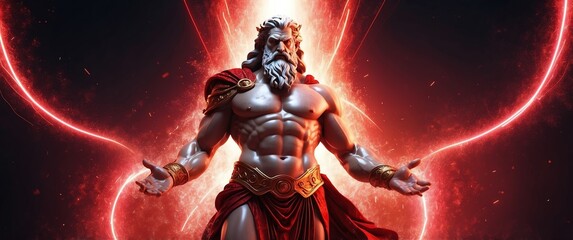 Wall Mural - greek god zeus with red light trail effect futuristic particles background design backdrop