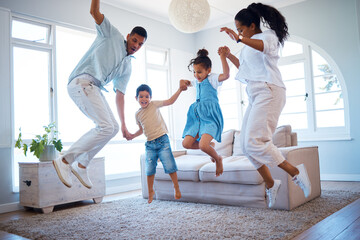 Wall Mural - Happy family, jumping and playing with energetic children for bonding, weekend or holiday at home. Mother, father and kids enjoying fun activity in air with parents in living room together at house