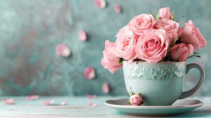 Wall Mural - Pink roses in a teacup with empty space on the side