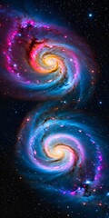 Wall Mural - Two galaxies collision, galaxies space joining dance, galaxies merging, breathtaking cosmic nebula spirals in vivid colors, vertical orientation.