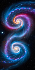 Wall Mural - Two galaxies collision, galaxies space joining dance, galaxies merging, breathtaking cosmic nebula spirals in vivid colors, vertical orientation.