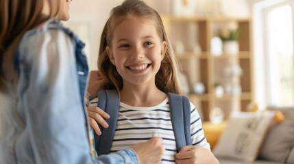 Sticker - A young girl is smiling and holding her backpack while a woman looks on