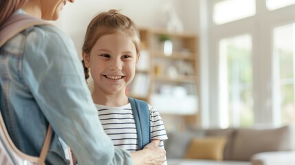 Sticker - A young girl is smiling at a woman while holding a backpack