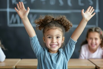 Wall Mural - A young girl is smiling and waving at the camera