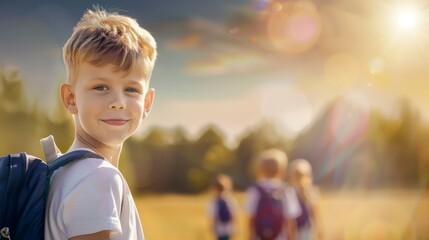 Poster - A young boy is smiling and wearing a backpack