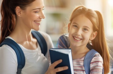 Sticker - A woman and a young girl are smiling and holding a book together