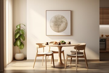 Wall Mural - Minimalist dining room with natural light and wooden furniture.