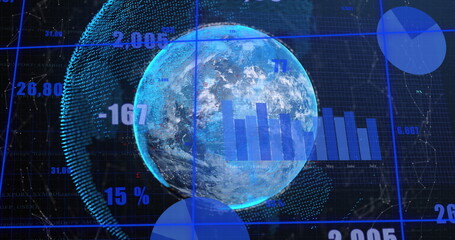 Sticker - Image of statistical data processing over grid network and globe against blue background