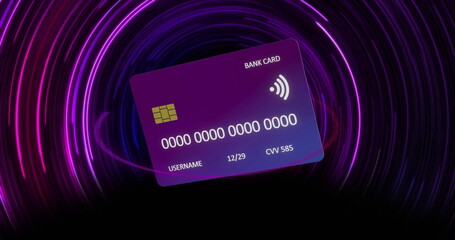 Poster - Image of credit card over colourful circles on black background