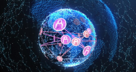 Sticker - Image of network of digital icons over glowing globe spinning against black background