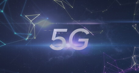 Sticker - Image of 5g text and spot of light over network of connections against blue background