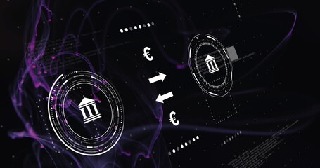 Wall Mural - Image of icons and currency symbols with data processing over light trails on black background