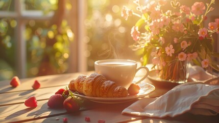 Wall Mural - Delicious breakfast with coffee and croissant under the morning sun